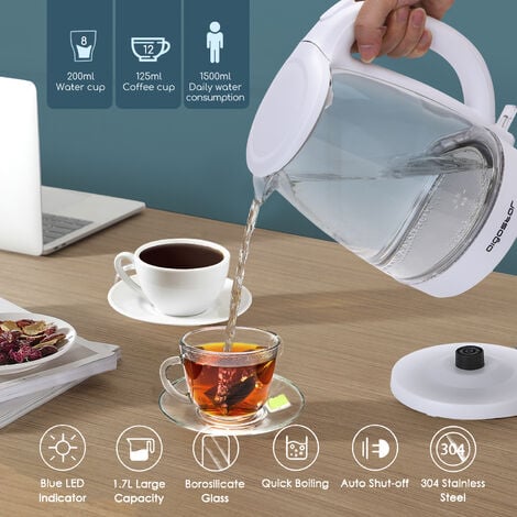 Aigostar Eve - Bouilloire de 1,7L et 2200W en verre borosilicaté avec illumination LED bleue. 0% BPA, protection contre l'ébullition à vide, arrêt automatique, filtre anticalcaire, base à 360°. Blanch