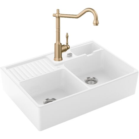 VILLEROY ET BOCH Sello tradicional de fregadero de oficina 2 senos autodrenante + grifo de cocina Avia 2.0 Oro Mate