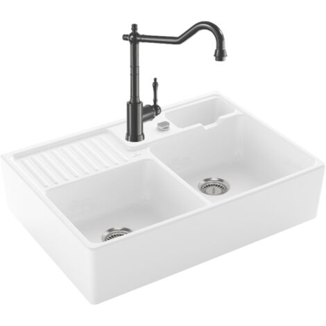 VILLEROY ET BOCH Sello tradicional de fregadero de oficina 2 senos autodrenante + grifo de cocina Avia 2.0 Antracita