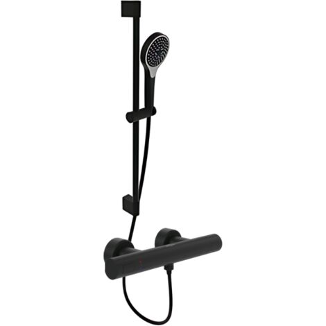 VILLEROY ET BOCH Grifería Universal mezclador termostático de ducha redondo Negro Mate + set de ducha Verve Showers 3 chorros Negro