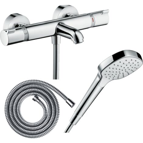 HANSGROHE Pack mezclador termostático para baño-ducha Ecostat Comfort + flexo Metaflex 160 cm + rociador Croma Select E EcoSmart blanco/cromo