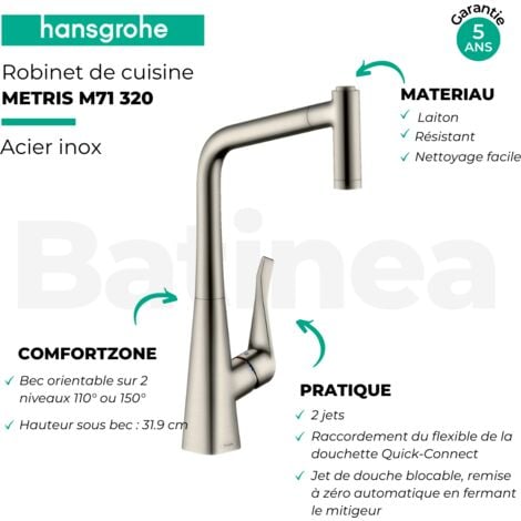 HANSGROHE - Metris M71 320 Mezclador de cocina con ducha extraíble de 2 chorros, aspecto de acero inoxidable