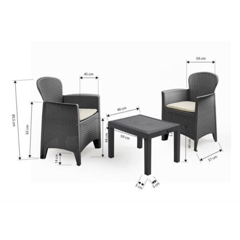 Progarden set giardino, salotto da giardino Made in Italy, tavolo e 2 poltrone antracite con cuscini in polipropilene
