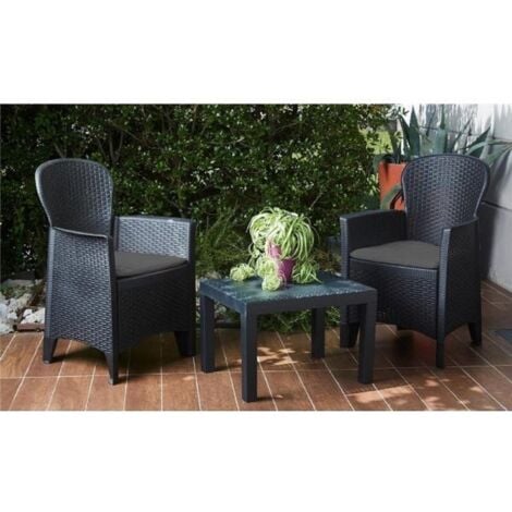 Progarden set giardino, salotto da giardino Made in Italy, tavolo e 2 poltrone antracite con cuscini in polipropilene
