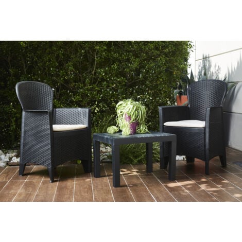 Progarden set giardino, salotto da giardino Made in Italy, tavolo e 2 poltrone antracite con cuscini in polipropilene