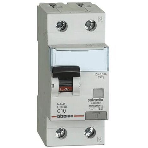 Interruttore magnetotermico differenziale Bticino 1P+N 10A 30mA tipo AC 4,5kA 2 moduli GA8813AC10