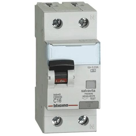 Interruttore magnetotermico differenziale Bticino 1P+N 16A 30mA tipo AC 4,5kA 2 moduli GA8813AC16