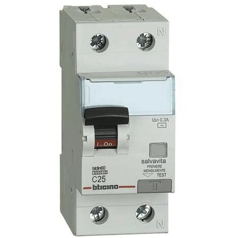 Interruttore Bticino magnetotermico differenziale 1P+N 25A 300mA tipo AC 6kA 2 moduli GN8814AC25