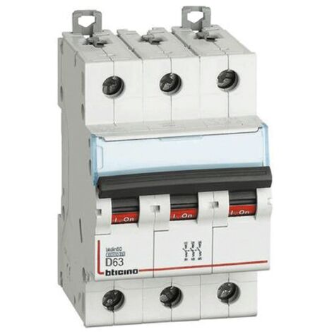 Interruttore magnetotermico Bticino 63A 3 Poli 6KA Curva D 3 Moduli FN83D63