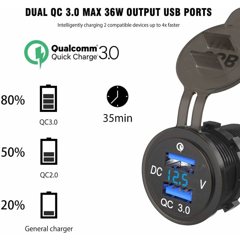 QC 3.0 Auto-USB-Steckdose 12 V/24 V, Quick Charge 3.0 Auto-Ladegerät,  integrierte Steckdose, wasserdichter Zigarettenanzünder-Adapter mit  Schalter, LED-Voltmeter, Spannungsanzeige für Motorrad, Boot
