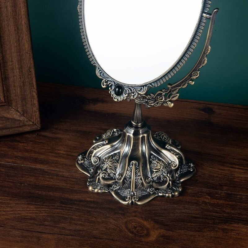 20 cm Oval Vintage Make-up Spiegel Floral Tischspiegel mit Ständer  Doppelseitig Drehbar Dekorative Spiegel Geprägter Rahmen (Bronze)