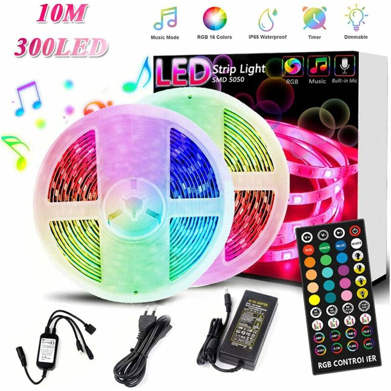 RGB LED Streifen, 10M Led Strip mit 300 LEDs Fernbedienung Selbstklebend  Lichtband IP65 Wasserdicht für Party TV-Hinterwand Innen und Außenbereich