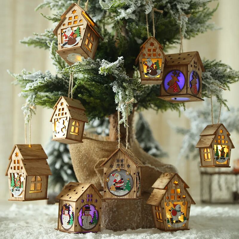 Festival Led Licht Holz Haus Weihnachten Baum Dekorationen Für Haus Hängen  Ornamente Fairy Light Weihnachten Geschenk Hochzeit Decor Navidad-（6x 4x  8,5）B