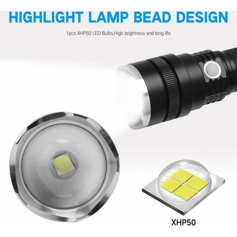 Wiederaufladbare LED-Taschenlampe, Superhelle XHP50 6000 Lumen