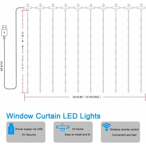 LED Lichtervorhang Lichterketten, SUNNEST 3×3m 300 LED USB Vorhanglichter  String Light 8 Modi mit Fernbedienung Timer IP68 für Deko Innenbeleuchtung  (Warmweiß) : : Beleuchtung