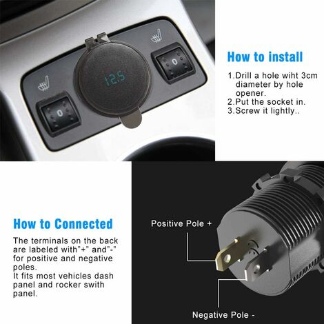 Installation von 12 V / 24 V Quick Charge 3.0 USB-Buchse, Dual USB QC 3.0- Autosteckdose, Autoladegerät, 36 W wasserdichter Zigarettenanzünder-Adapter  mit LED-Voltmeter, Batteriespannungsanzeige für Bo