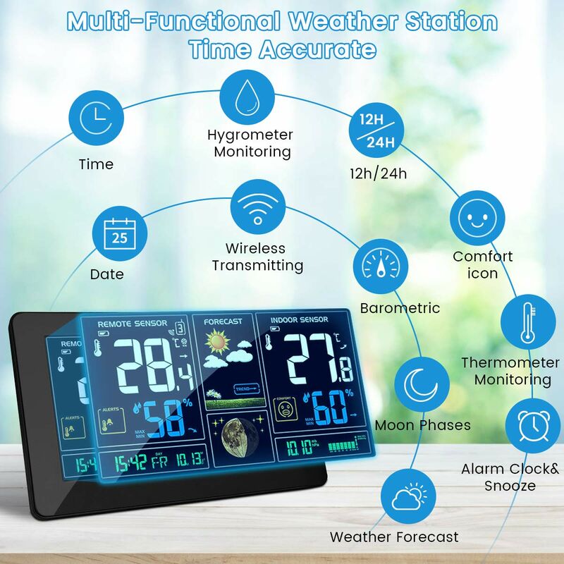 Acheter Station météo en verre transparent, écran couleur, thermomètre,  hygromètre, prévisions météorologiques, calendrier, sans fil, intérieur,  extérieur, numérique, température, humidité