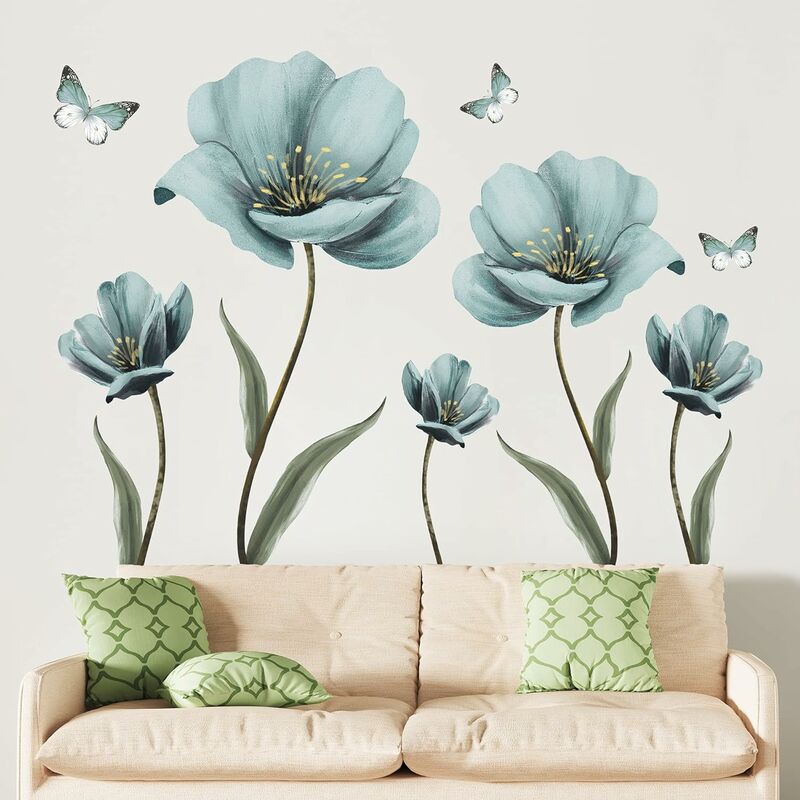 49,2 '' x 30,7 '' 3D Fleurs Bleues Papillons Stickers Muraux