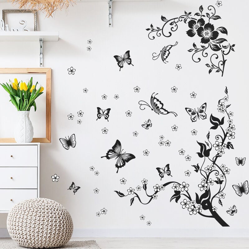 Runtoo Sticker Muraux Fleurs et Papillons Autocollant Mural Vigne