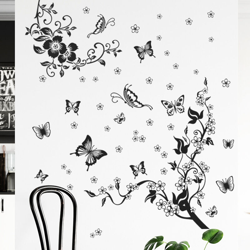 Acheter Autocollant Mural de vigne Floral noir, fleur papillon, décor  artistique, décalcomanie de salle, DIY bricolage