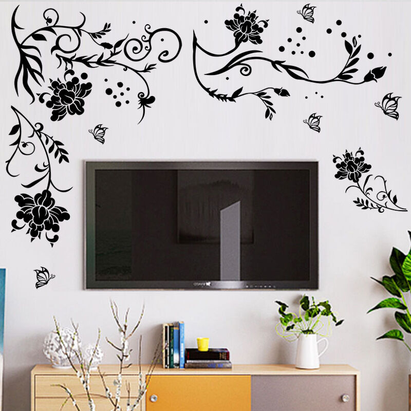 Fleurs noires Vigne Sticker mural Floral Papillon Stickers muraux Salon  Chambre Mur Décor