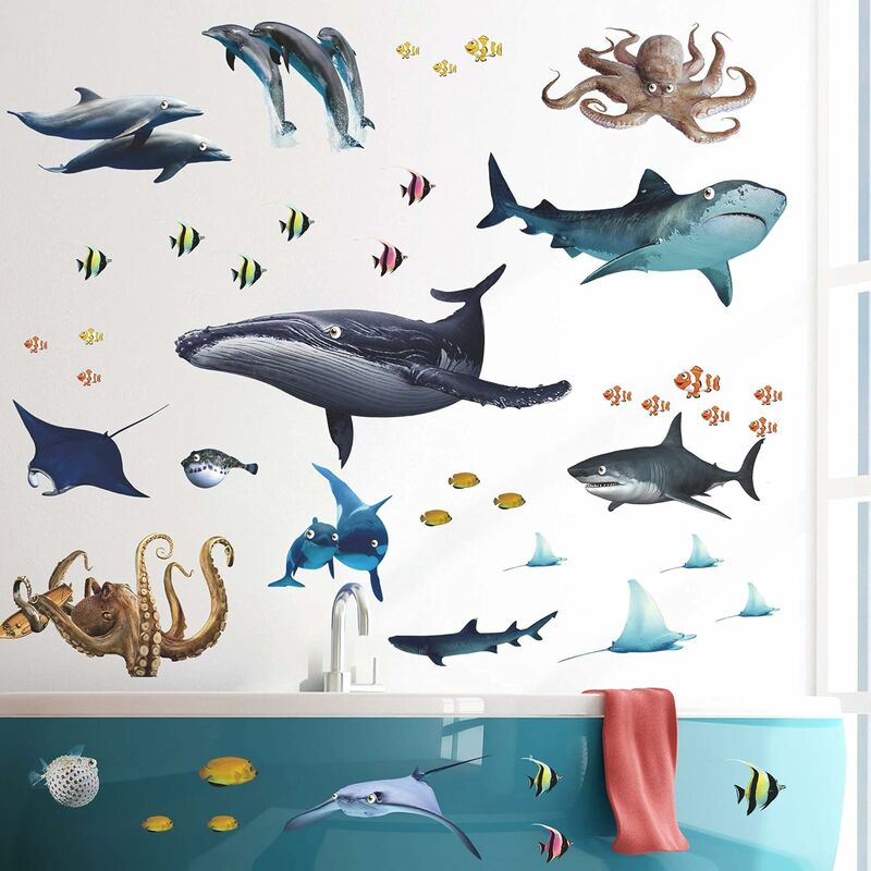 Autocollant mural 3D amovible créatif 3D sous la mer, vie océanique,  corail, herbe, poisson, tortue de mer, baleine, décoration murale pour  chambre