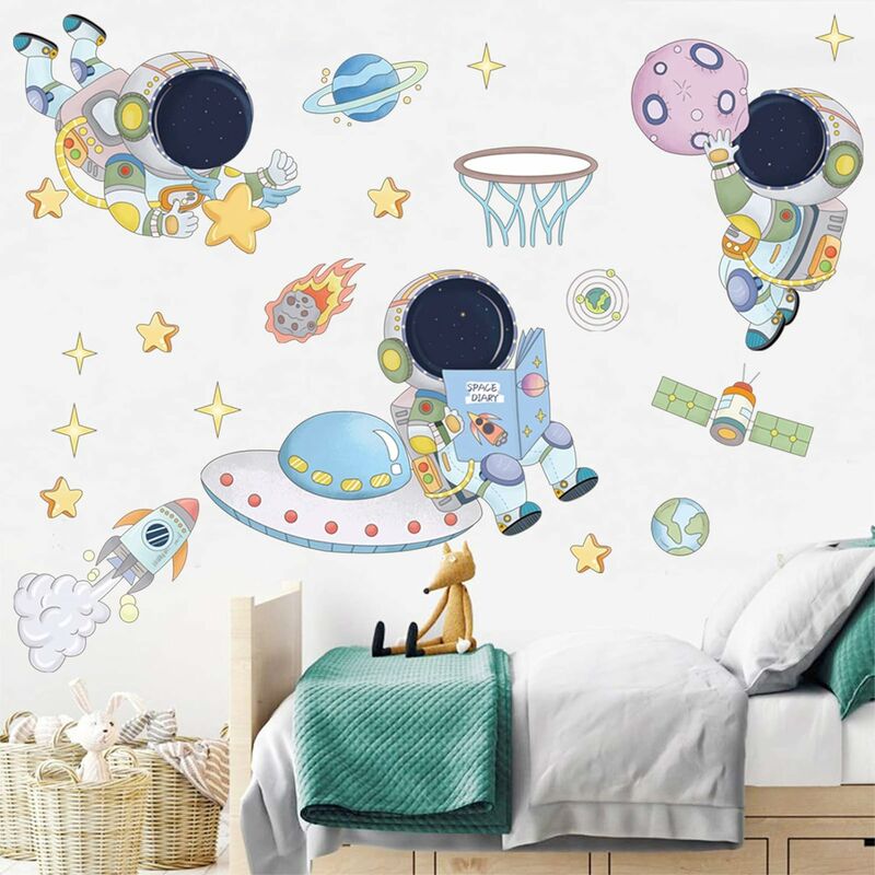 Astronaute Escalade Échelle Stickers Muraux Dessin Animé Planète Espace  Étoile DIY Vinyle Amovible Grands Stickers Muraux
