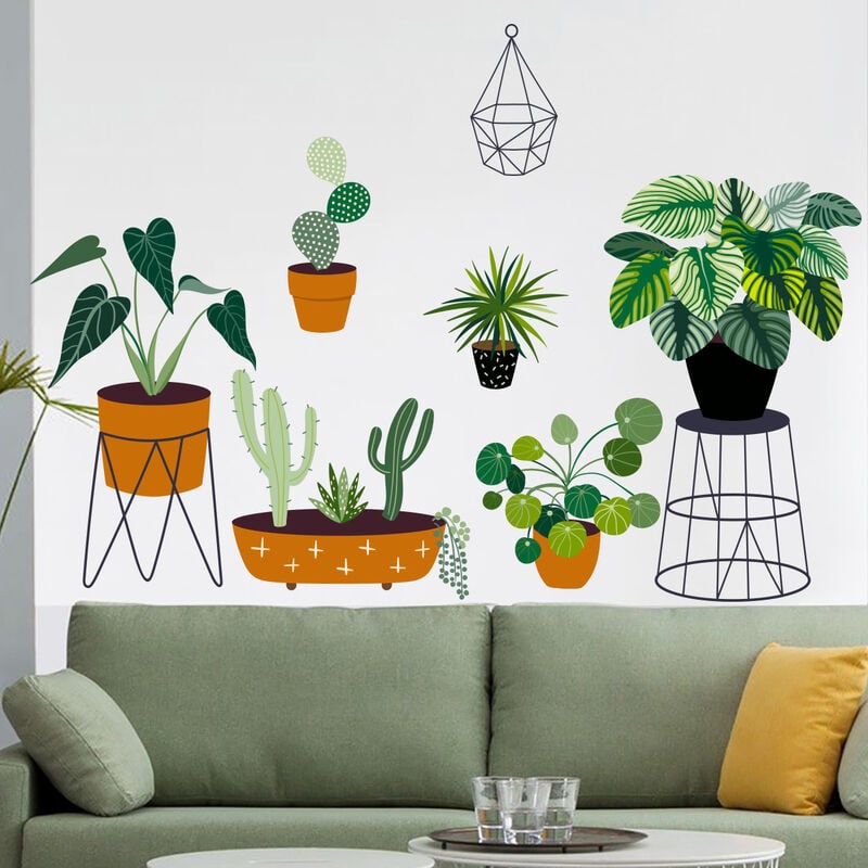 1 ensemble cadre en fer plante verte autocollant mural plantes en pot  Stickers muraux bricolage amovible Cactus Monstera Stickers muraux pour la  décoration