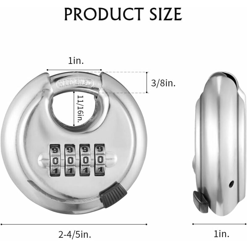 Cadenas à combinaison, cadenas à combinaison à 4 chiffres, corps de 64 mm  de large, anse longue rétractable en acier inoxydable de 9,7 cm, convient  pour l'extérieur, l'école, la gym, les casiers