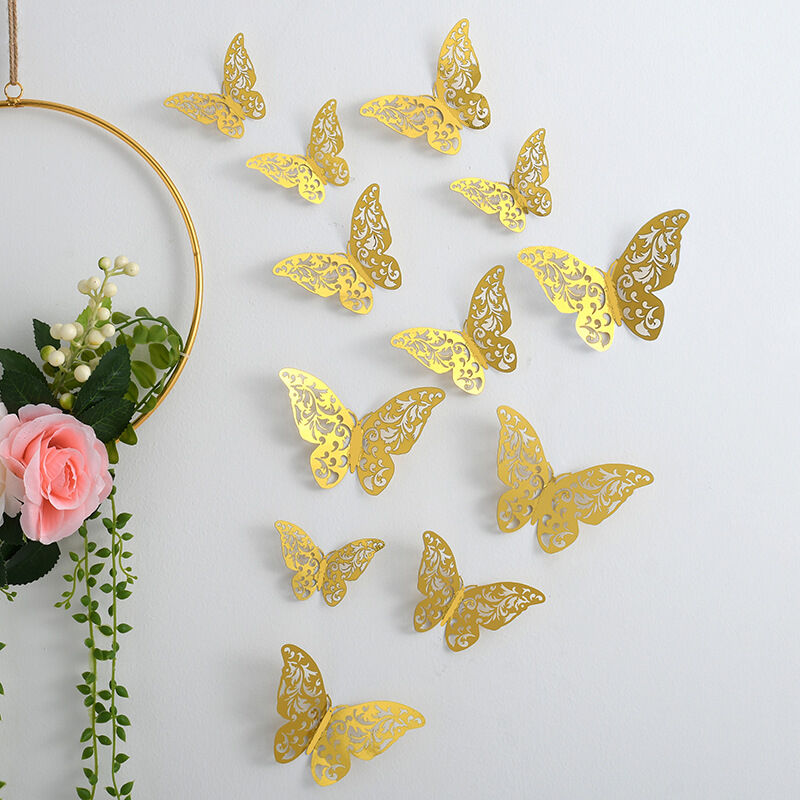 48pcs 4 modèles 3d papillon décoration murale autocollants or rose