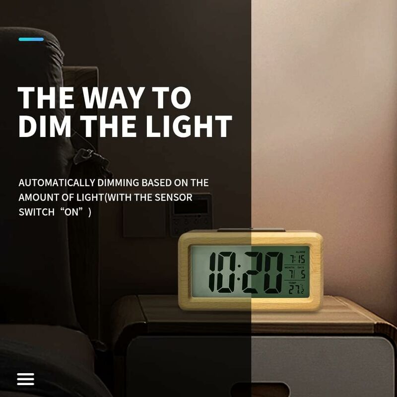 réveil numérique en bois - lampe de nuit clair de lune - calendrier plus  température