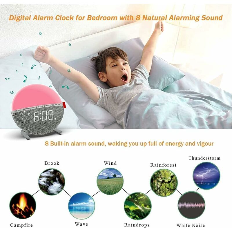 Réveil numérique pour enfants, veilleuse 7 couleurs, variateur, 8 sons d'alarme  nature
