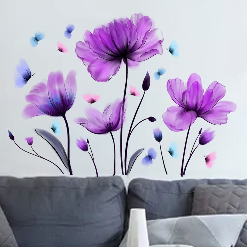 40x60 CM violet fleur Stickers muraux Art papillon Stickers muraux pour  filles chambre salon décoration auto-adhésif papier peint - AliExpress