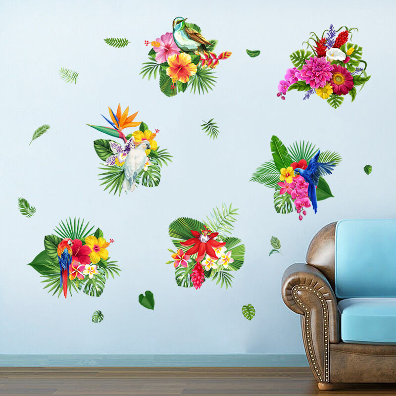 COckatoo Stickers muraux fleurs / perroquets / oiseaux tropicaux /  aquarelle / stickers roses -  France