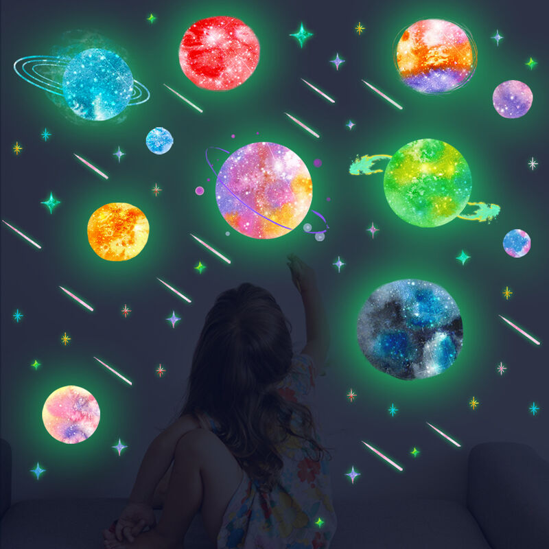 Étoiles brillantes dans le noir pour plafond, autocollants muraux étoiles,  système solaire Galaxy Space Nursery Stickers muraux fusée astronaute  filles garçons décorations de chambre pour chambre 