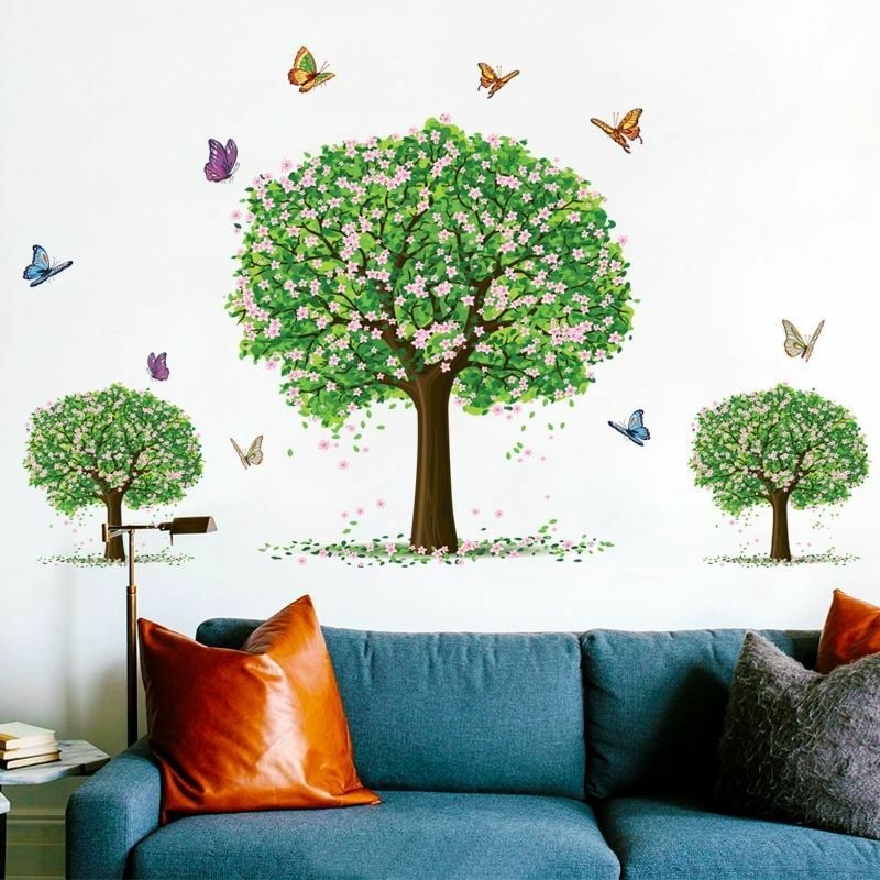 Stickers Muraux Fleurs Herbe Verte avec Papillons Autocollant Décoratifs  pour Coin Décoration Murale Chambre Enfant Baseboard Salon,YAO