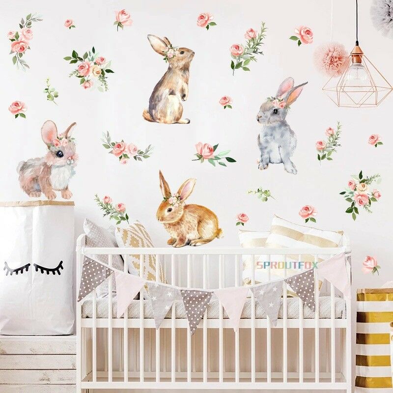 1pc sticker mural lapin fleurs Autocollants pour Chambre Enfants
