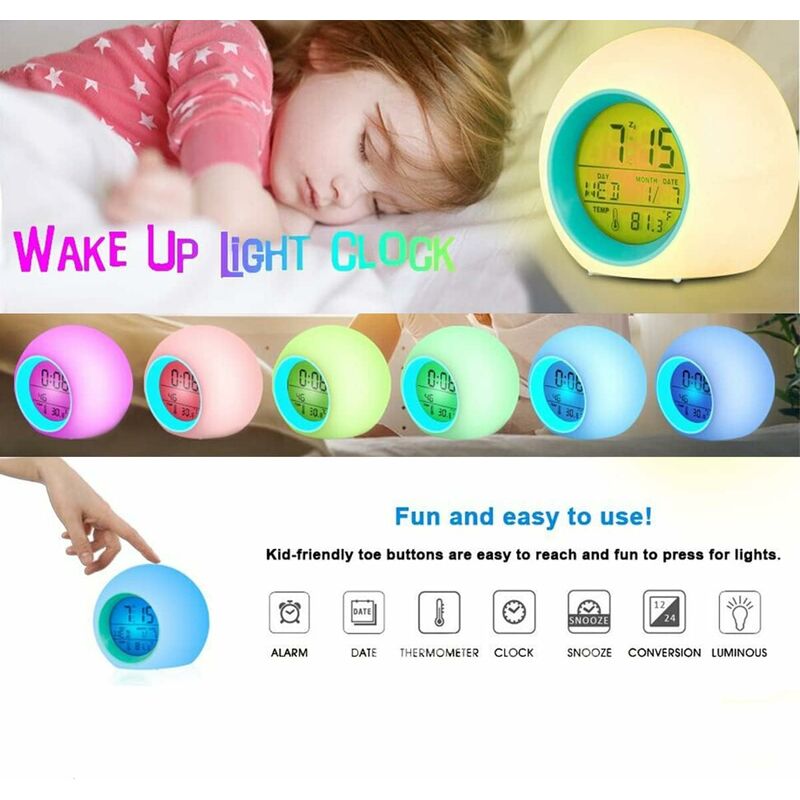Enfants LED réveil, réveil horloges numériques pour enfants chevet 7  couleurs lumière changeante pour garçons chambre filles décor avec date de  température, contrôle tactile et Snoozing (Bleu)