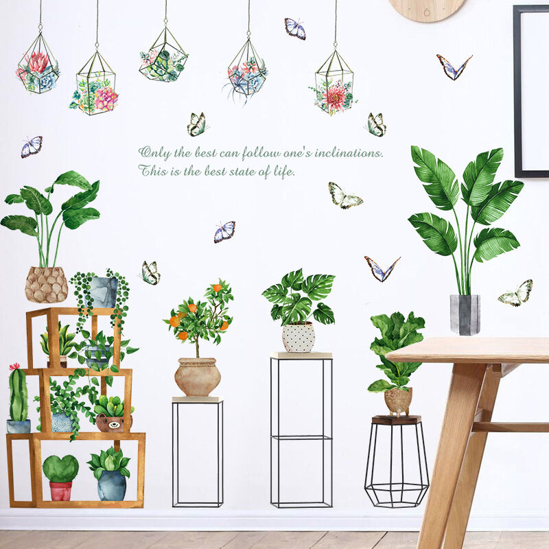 Autocollants Muraux 3D Imitation Fleur et Plante Verte en Pot