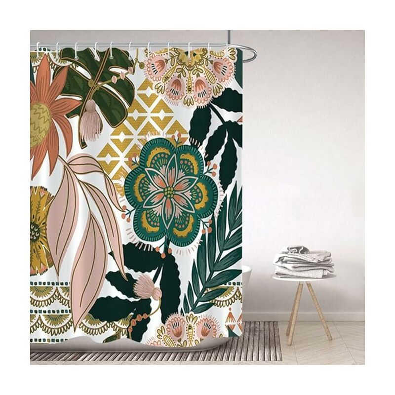 Qahing Rideau de douche en tissu pour salle de bain, style bohème du milieu  du siècle, motif feuilles tropicales, panneaux de traitement de baignoire