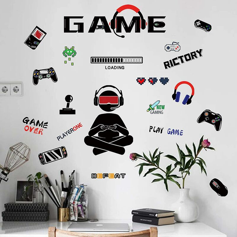 Gamer Stickers Muraux, Stickers Mural Arts Décorations Autocollants Muraux  Jeu Vidéo, Salon Wall Stickers 19x44cmx2Pcs