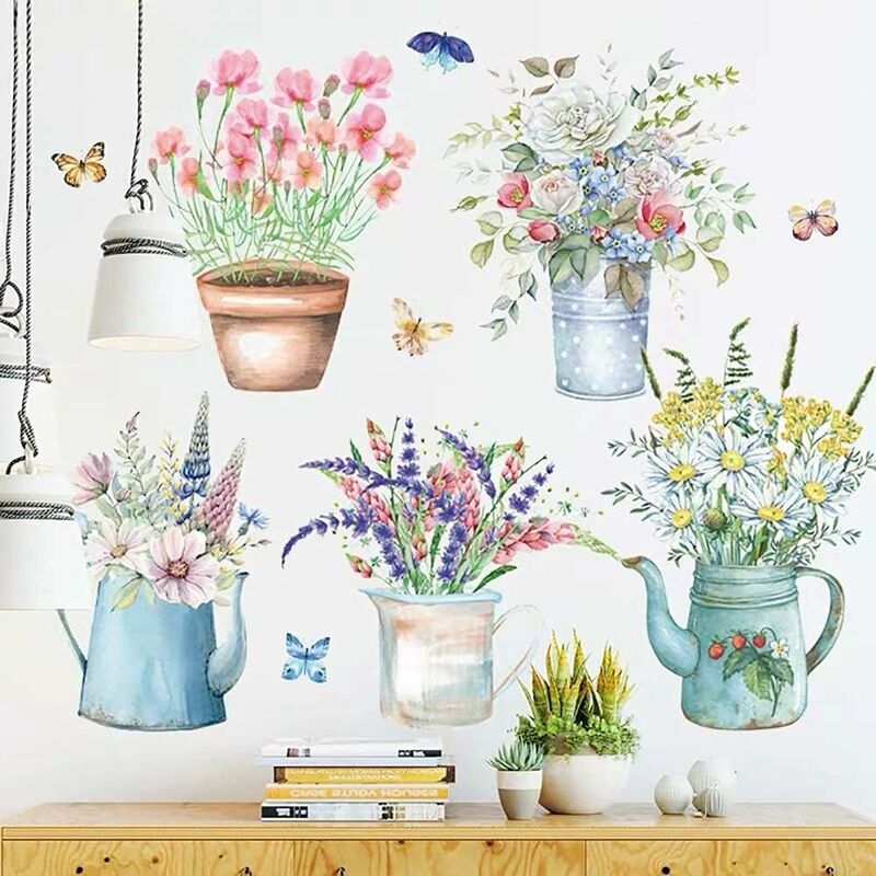 Autocollants muraux décoratifs, plantes, fleurs en pot, papillon