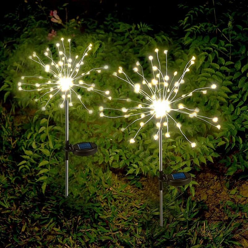 Lampes solaires de jardin Feux d'artifice solaires Guirlande lumineuse  solaire avec 2 modes d'éclairage clignotant et continu pour jardin, cour,  parterre de fleurs, fête (blanc chaud)