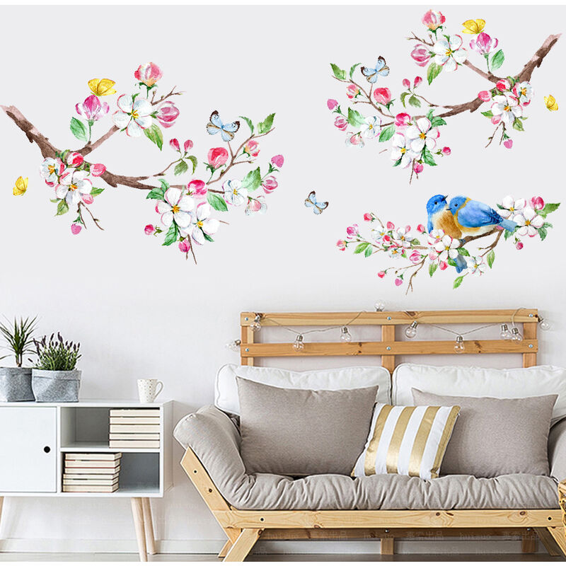 HALLOBO® Stickers muraux Oiseau Fleurs Fleur de pêche XXL Sticker Mural  Stickers Chambre d'enfant Salon Chambre à Coucher