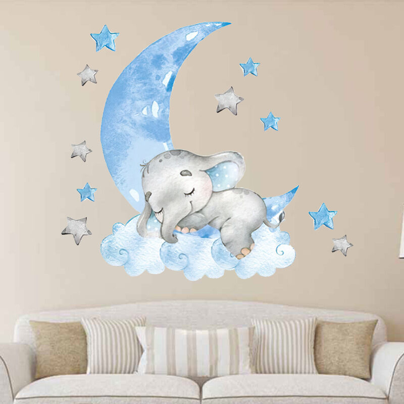 Stickers Mural Éléphant Lumineux, Autocollant Mural Lune Étoile