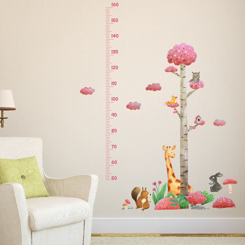 Nouvelle couleur forêt animal arbre hauteur autocollant stickers muraux  chambre d'enfant maternelle créatif décoratif stickers muraux (rose)
