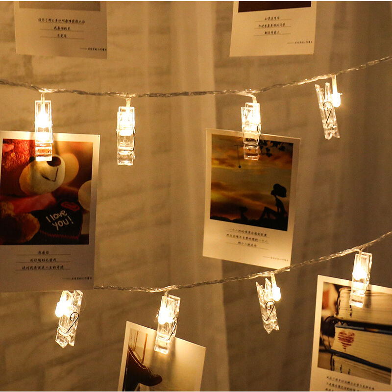 Guirlande lumineuse à pince LED love photo clip light modèle à piles -  blanc chaud - (avec clignotant) 10 mètres 80 lumières