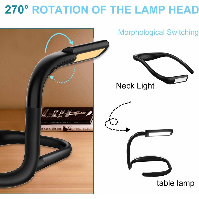 Lampe de lecture de livre au lit - Lampe de cou avec bras flexibles - Lampe  LED 270° de rotation 1800 mAh rechargeable Idéal pour le camping