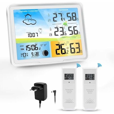 Station météo sans fil avec 2 capteurs extérieurs, horloge radio DCF  Alarmes intérieures et extérieures Température et humidité de l'air