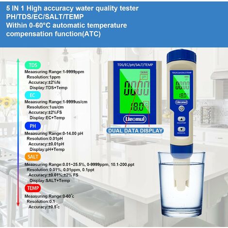Phmètre électronique 5-en-1, mesure Ph Tds Ec Salinité Température Testeur  de qualité de l'eau